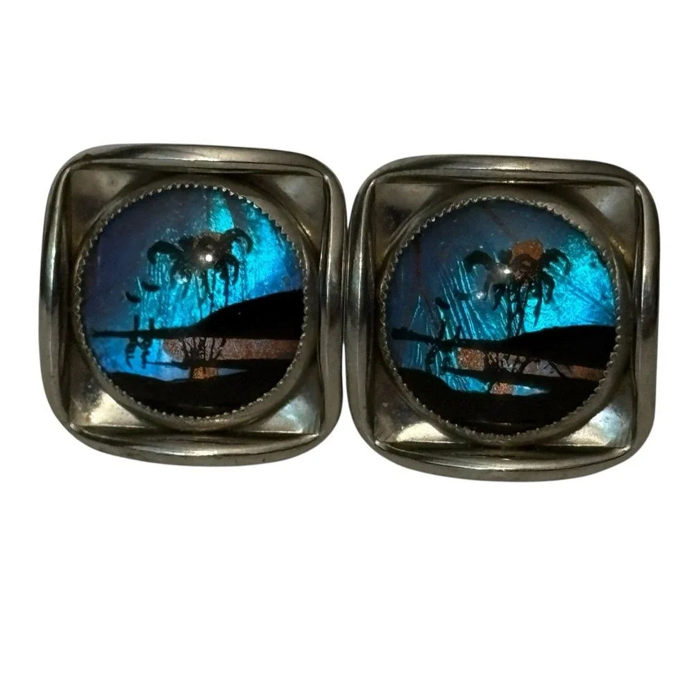 Tropical Island Cufflinks Beach Theme Vacation Vintage Silver‎ Tone Palm Trees